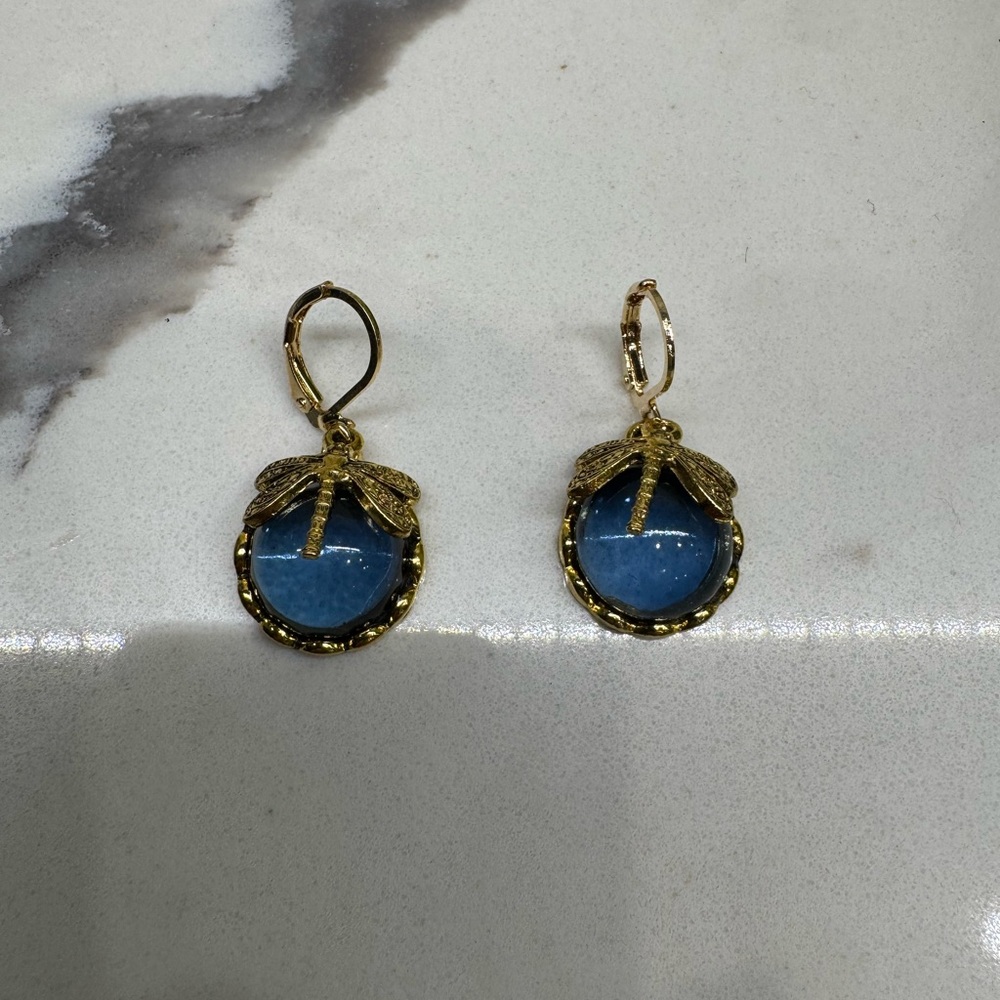 Gold and Blue Circular  Gemstone Earrings with Ornate Design